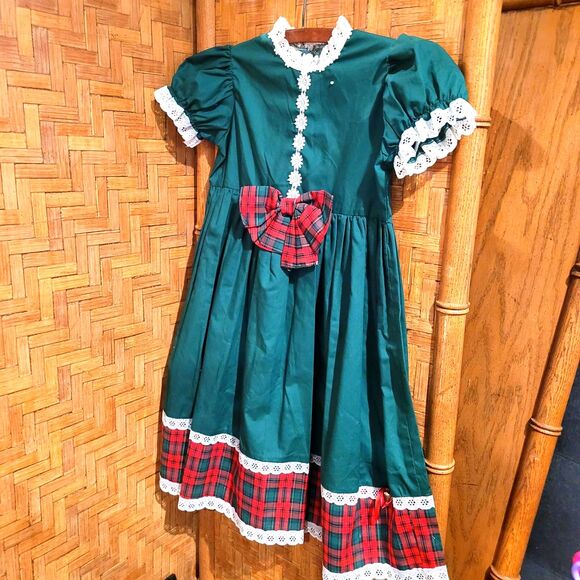 Vintage 80s vtg HANDMADE Little Girls Christmas Dress Bow Tartan Green Red sz 7 - Picture 1 of 13